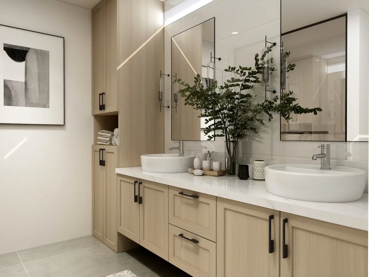 Baño remodelado con mueble de madera clara, dos lavamanos y espejo amplio.