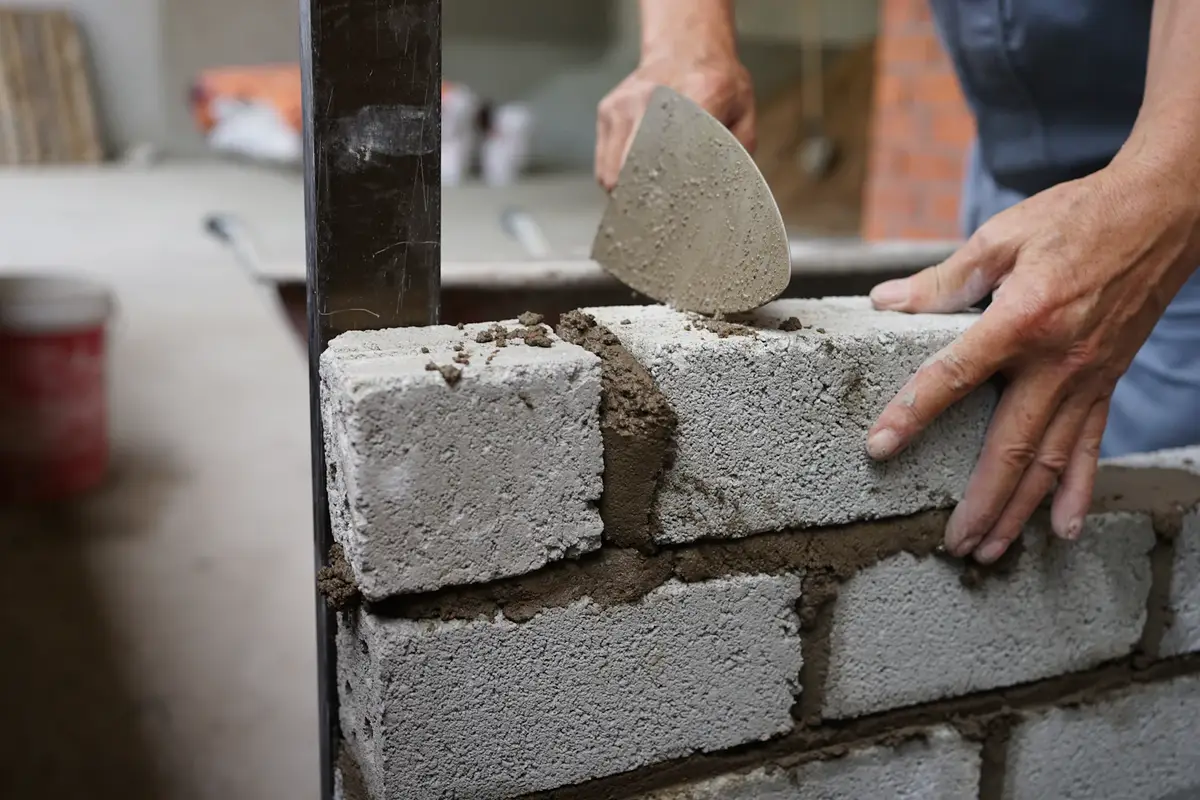 Manos de un albañil colocando blocks con mezcla para levantar un muro.