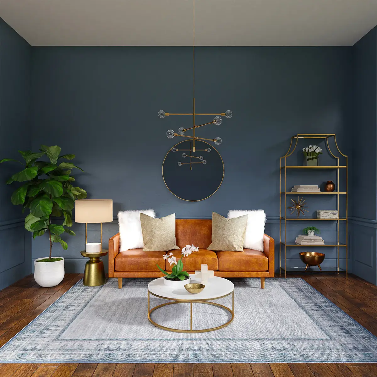 Sala con pared recién pintada de azul, sofá color caramelo y alfombra.