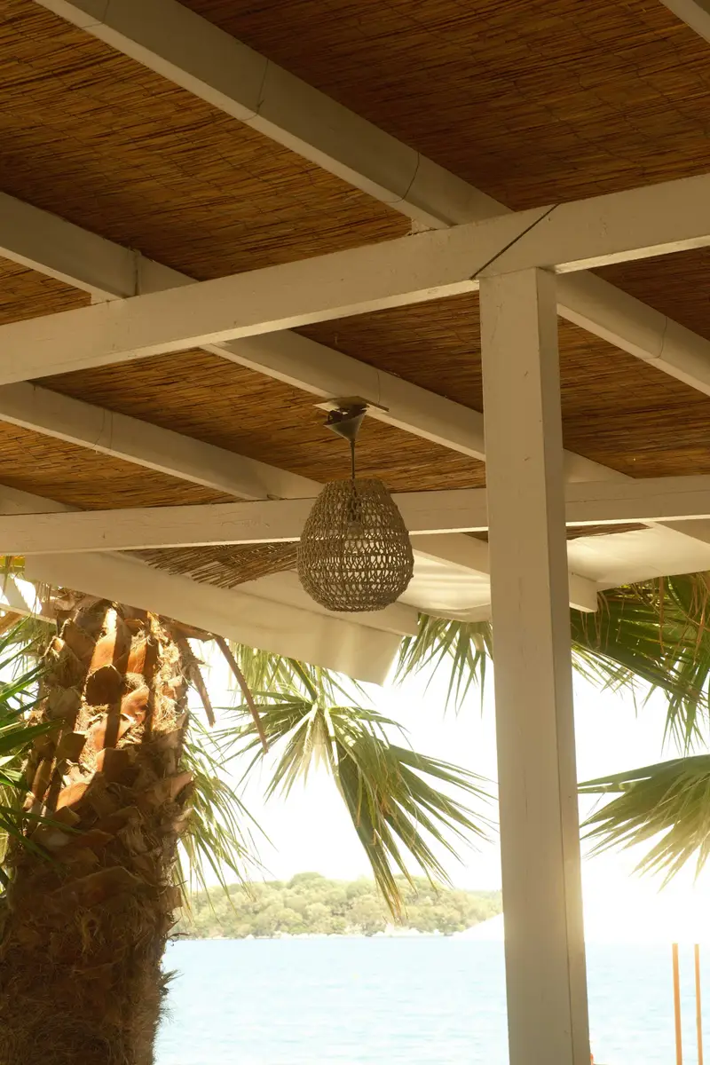 Terraza techada con vigas de madera y lámpara colgante, con palmas al fondo.